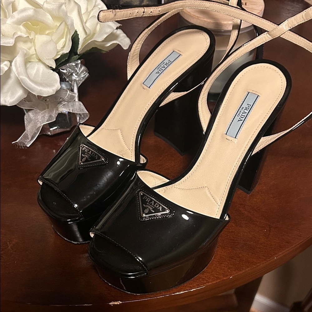 Prada Black Patent Leather Platform Sandals with Beige Insole